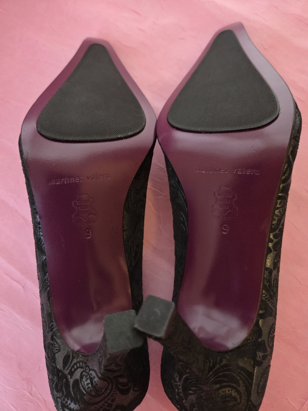 Martinez Valero Black & Grey Velvet Paisley Embossed Pumps Heels Made In Spain 9 - Picture 13 of 16